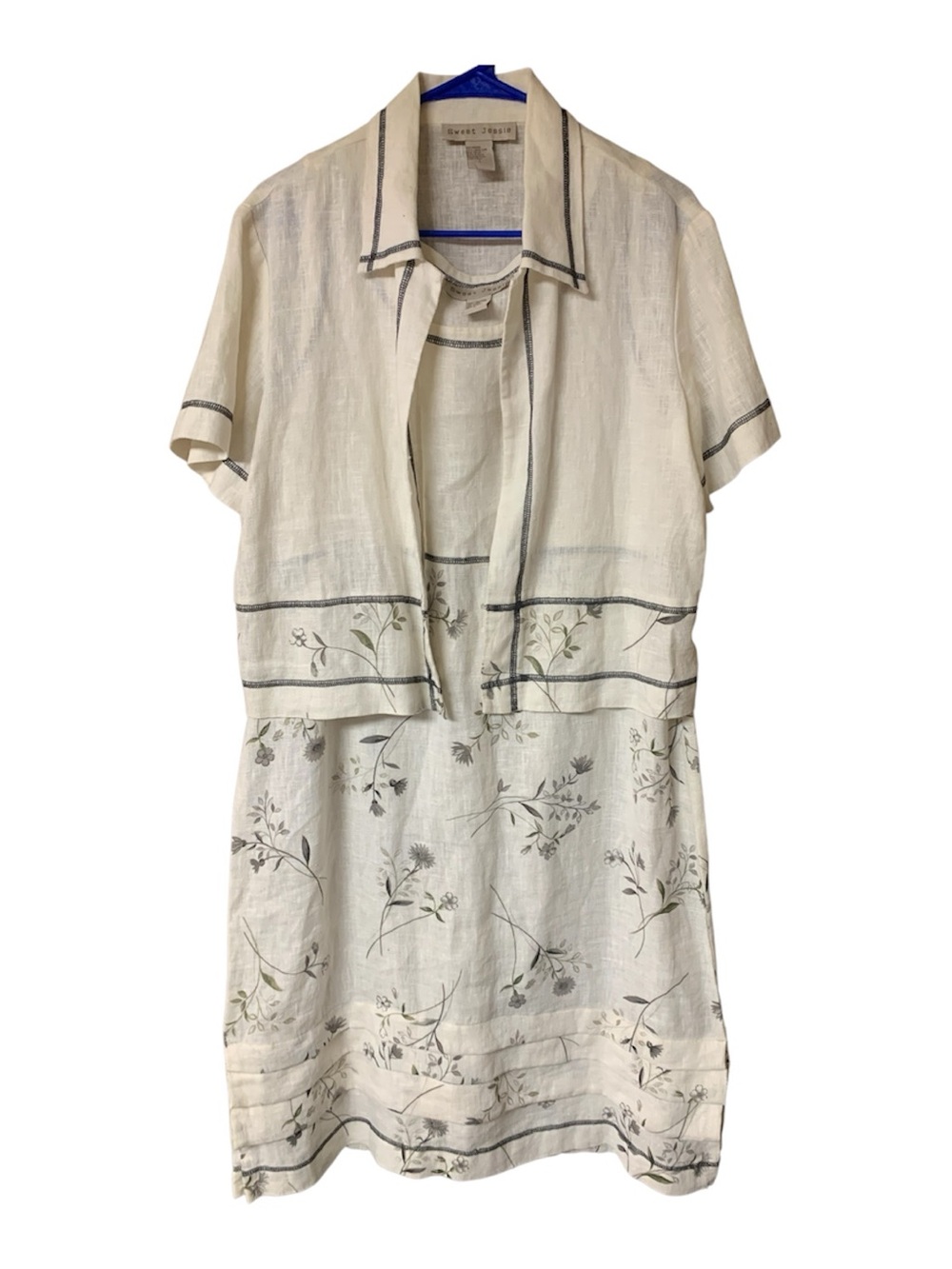 Sweet Jessie 100% Linen Cream Floral Print Shift Dress With Jacket Cottage Sz L